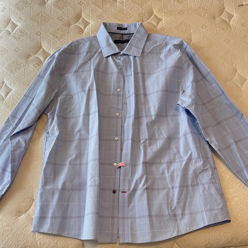 Tommy Hilfiger Light Blue Plaid Dress Shirt